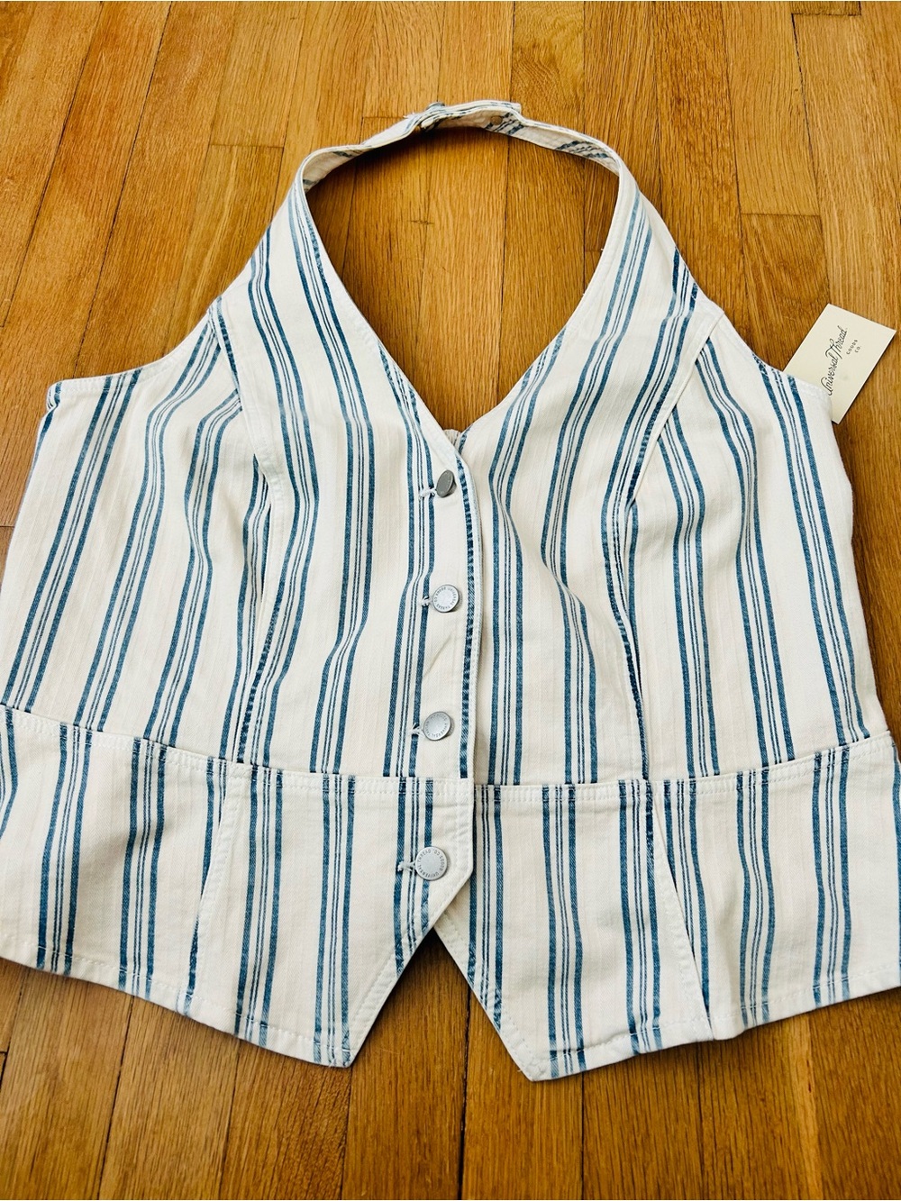 Universal Thread Blue and Cream Striped Halter Button-Front Crop Top